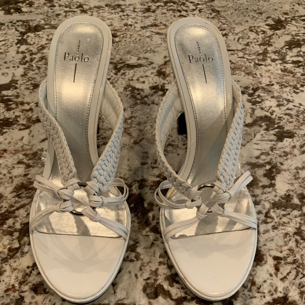 Paolo size 8 1/2 M white 4” heel sandal